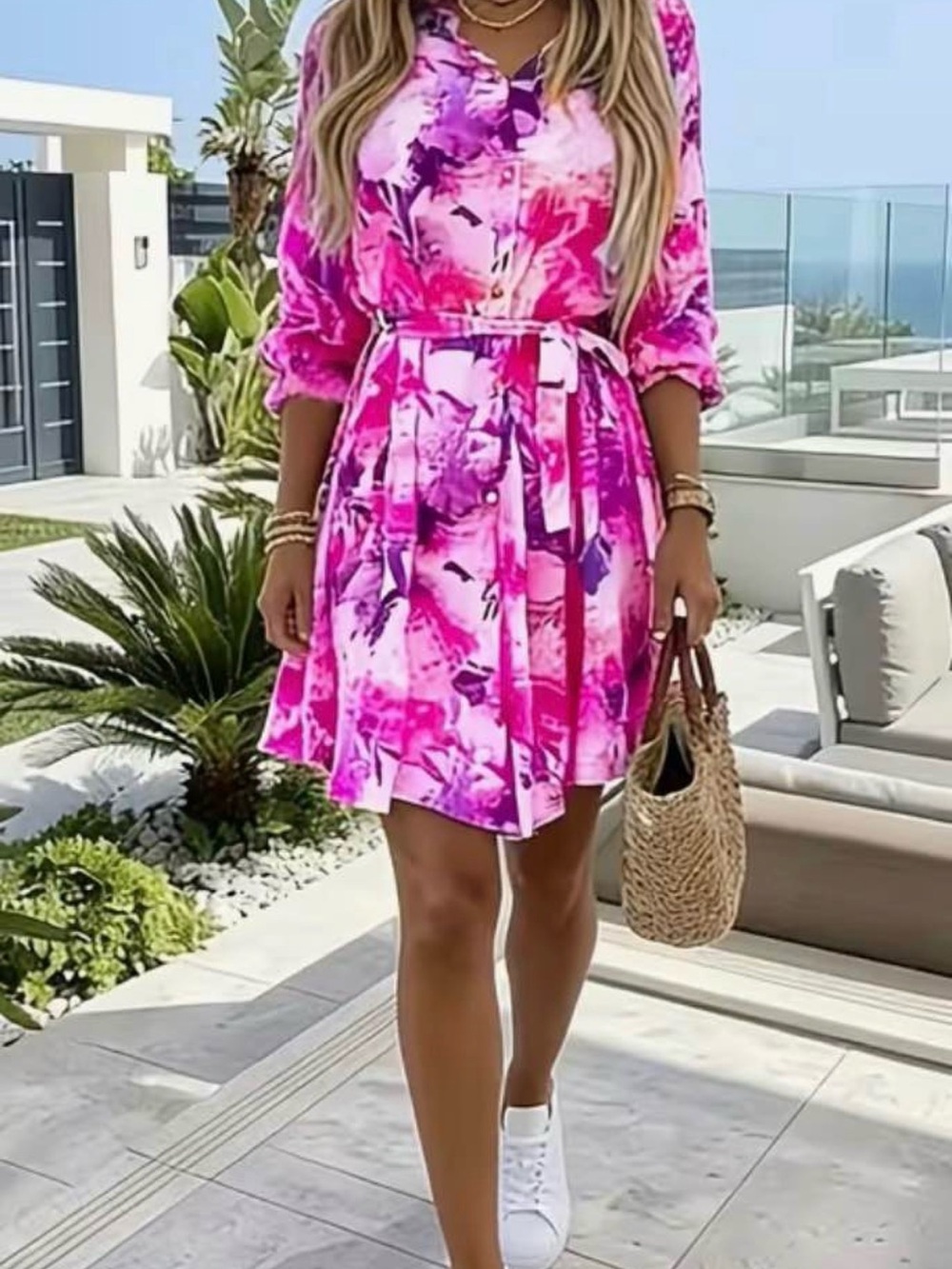 Women’s Pink Floral Tie-Waist Shirt Dress